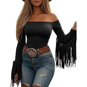 Women's Black Western Cowgirl Off The Shoulder Fall Long Sleeve Shirts Blouses